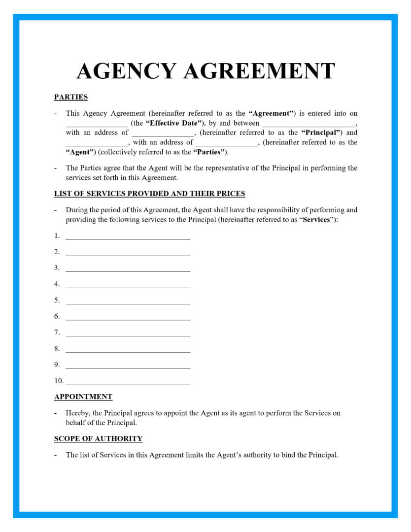 Agency Agreement Template Free Download Printable Templates