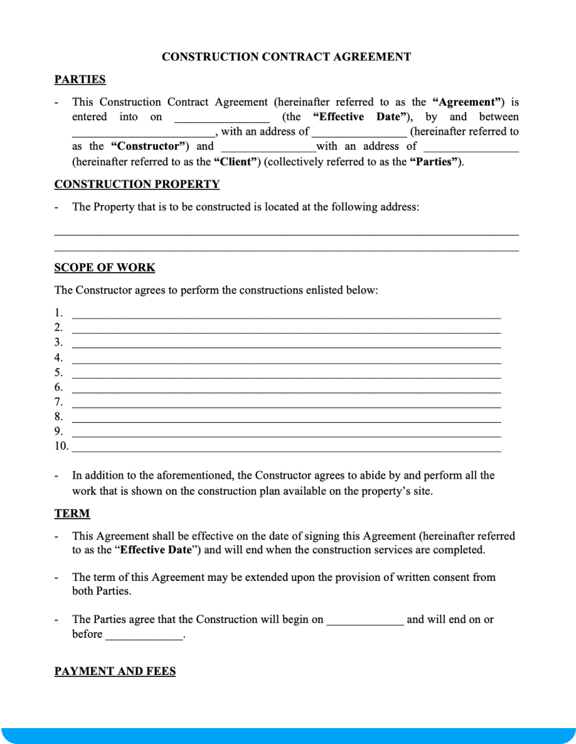 Free Construction Contracts Template 29F