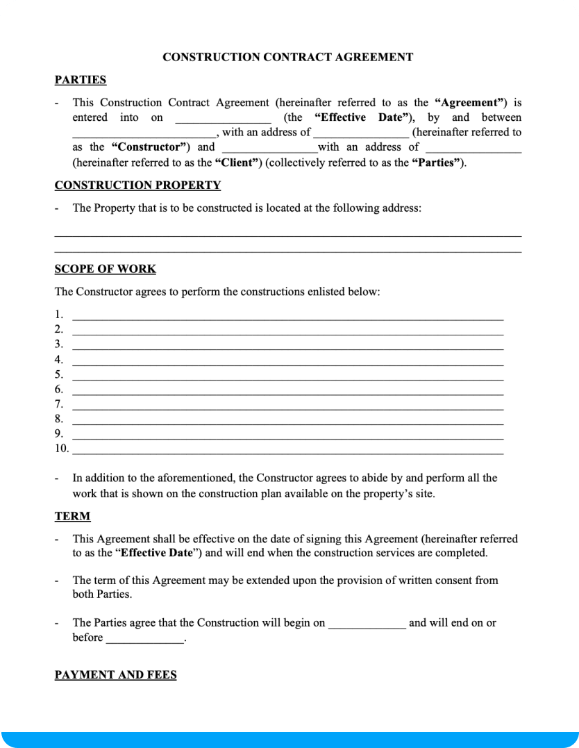 Free Printable Construction Contract Template