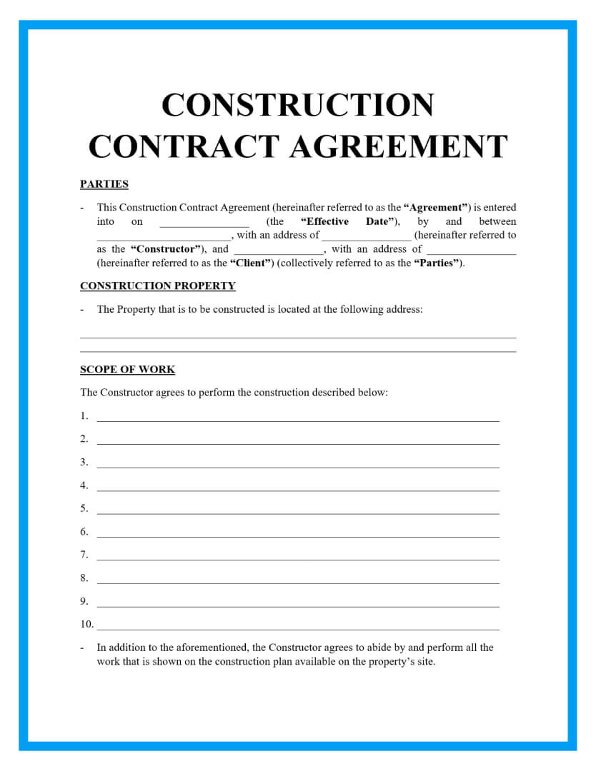 Printable Construction Contract Template