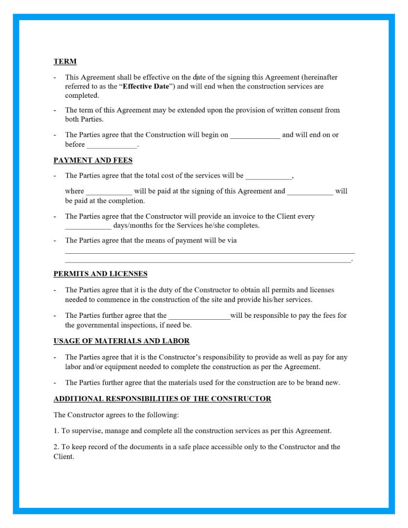 construction contract agreement template page 2