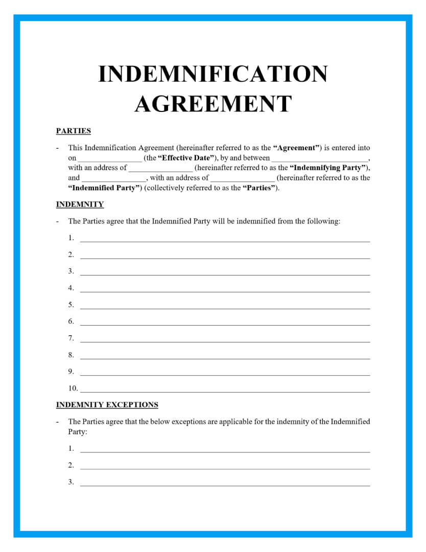 Indemnity Agreement Template Free Sample Example And Format Template 8602