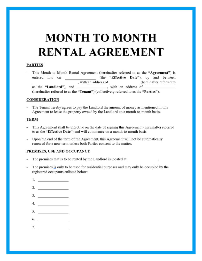 Month To Month Free Printable Rental Agreement Template FREE