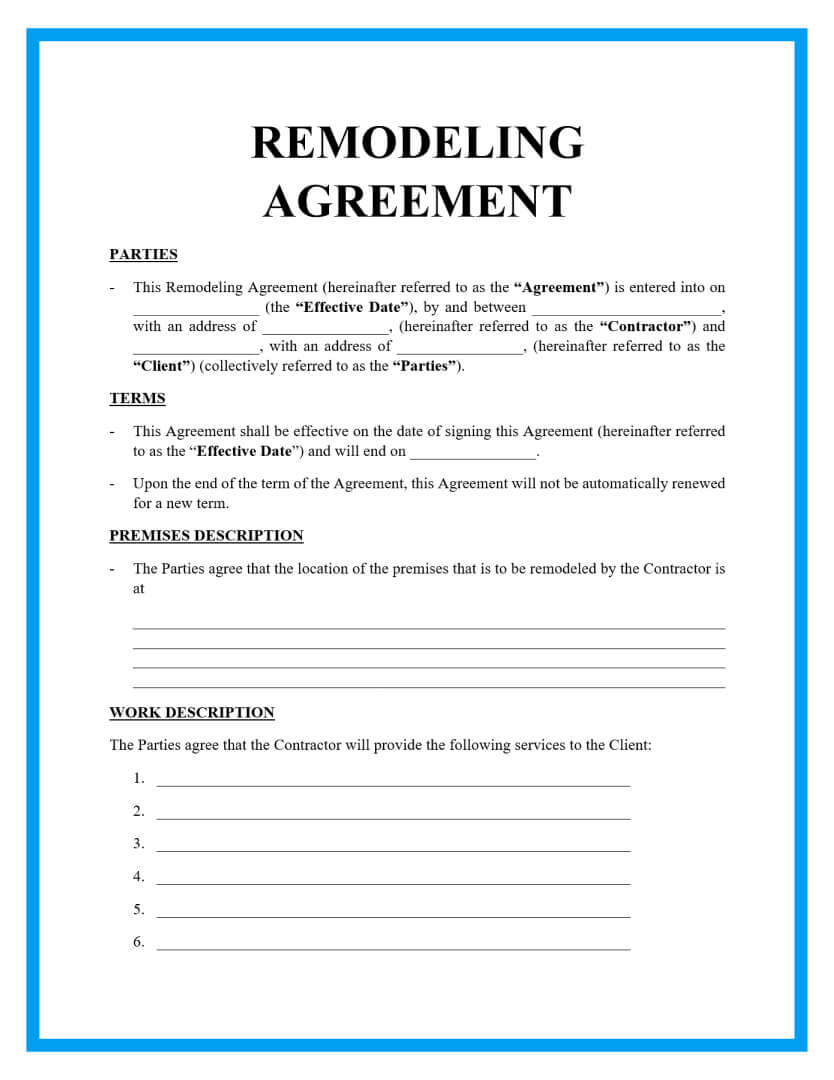 Printable Home Improvement Free Remodeling Contract Template Word 