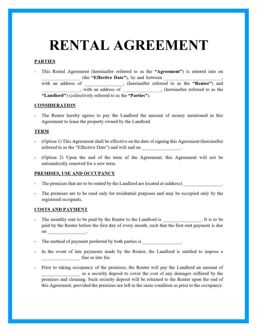 Rental Agreement Template Example Of A Rental Contract