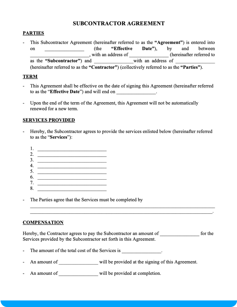 Subcontractor Agreement Free Downloadable Template