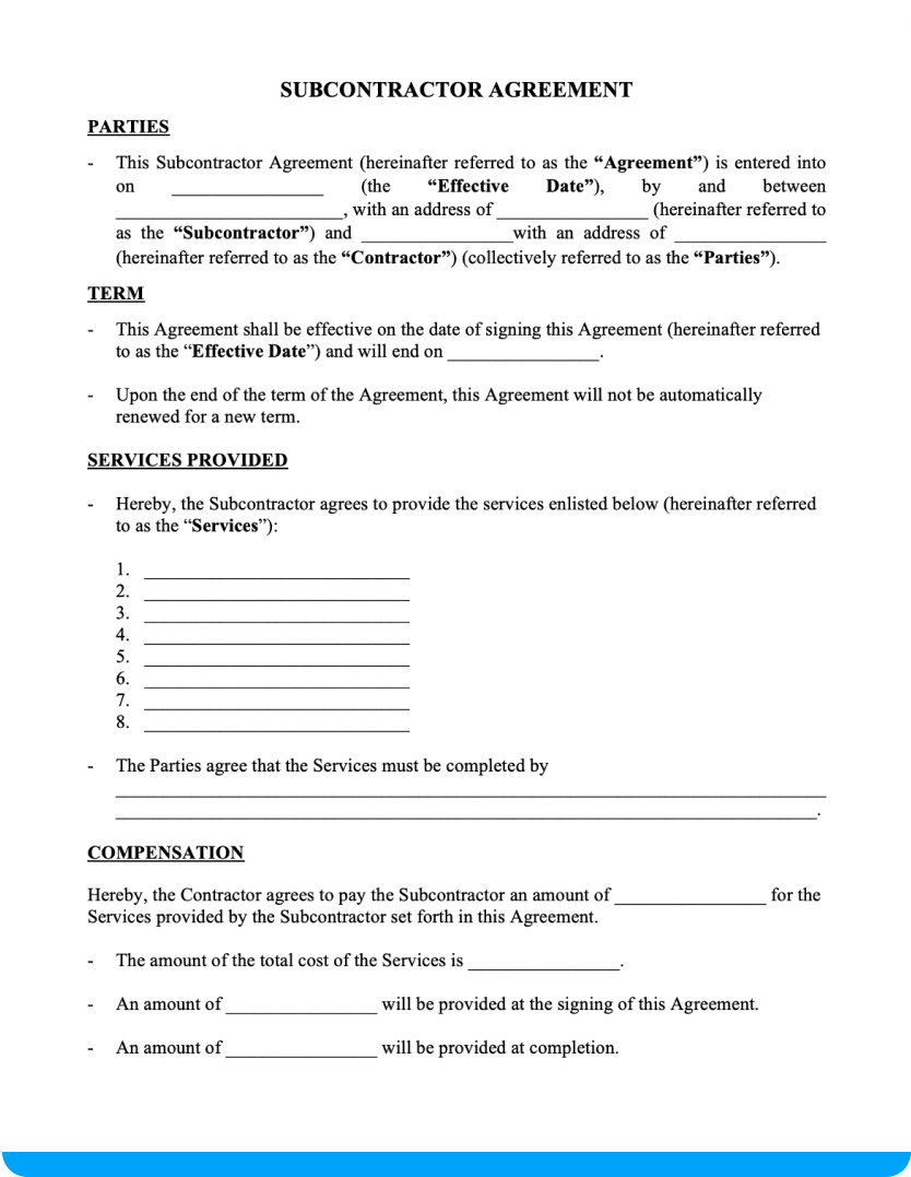 Subcontractor Agreement Free Downloadable Template 