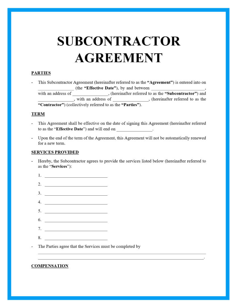 Free Printable Subcontractor Agreement