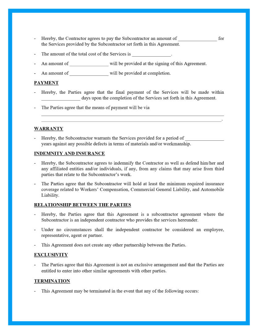 subcontractor agreement template for professional services