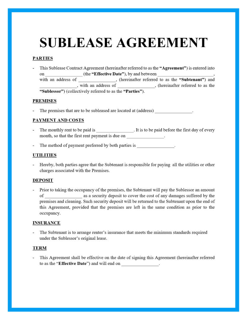 sublease agreement template page 1