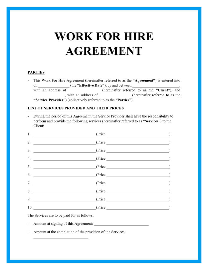 Work For Hire Contract Template Free Printable Templates