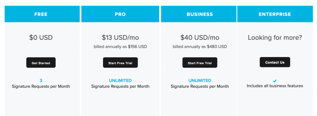 HelloSign offers a free plan and paid packages starting at $13 per month