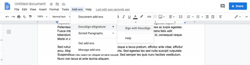 Click on Add-ons to find your new add-on to sign your google doc.