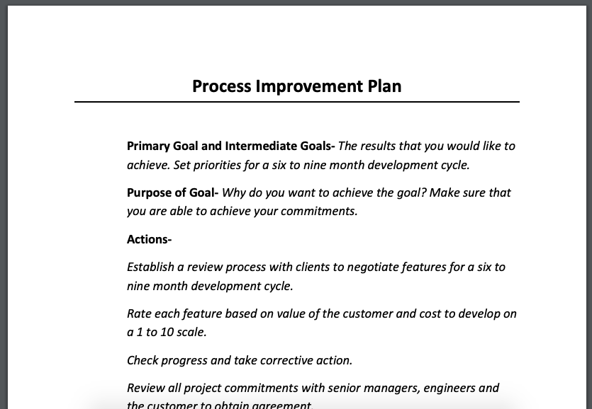 If you want a simple template to get your process improvement started, AtYourBusiness gives you this Process Improvement Plan