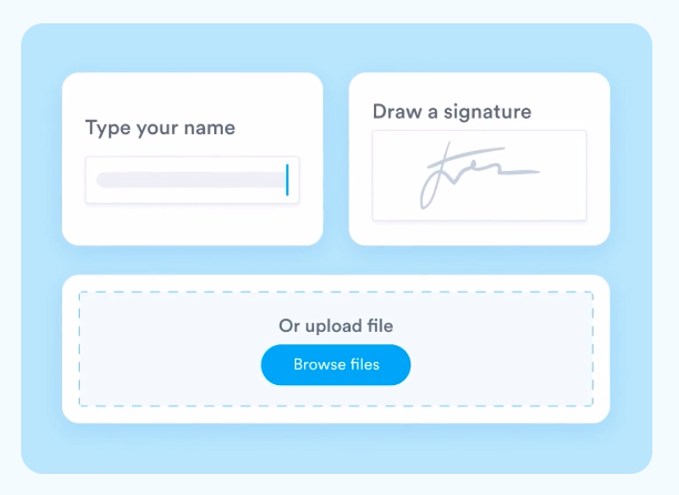 With Signaturely's online signature maker, you can create your own signature by drawing it, typing it, or uploading an existing one.