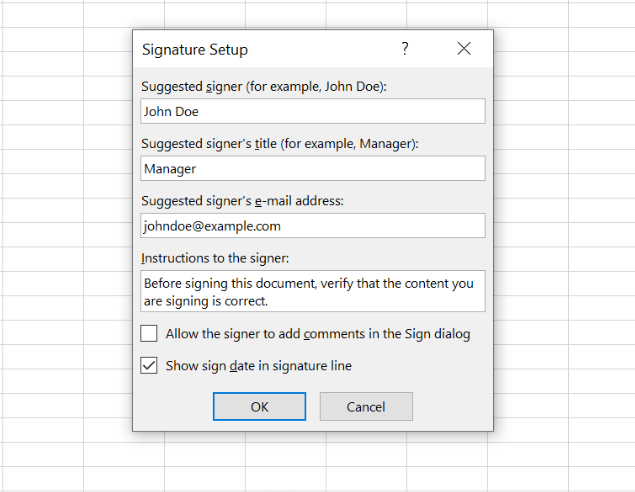 Set up your signature by entering the required information