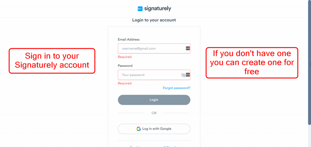 Log in to your signaturely account