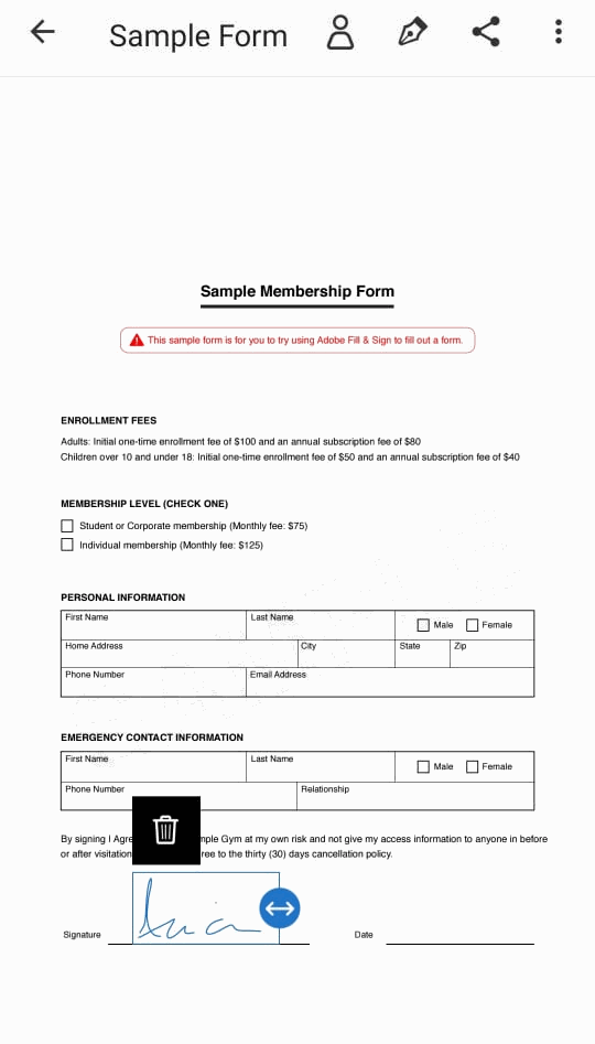 Place signature on form