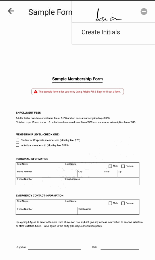 Sample membership form
