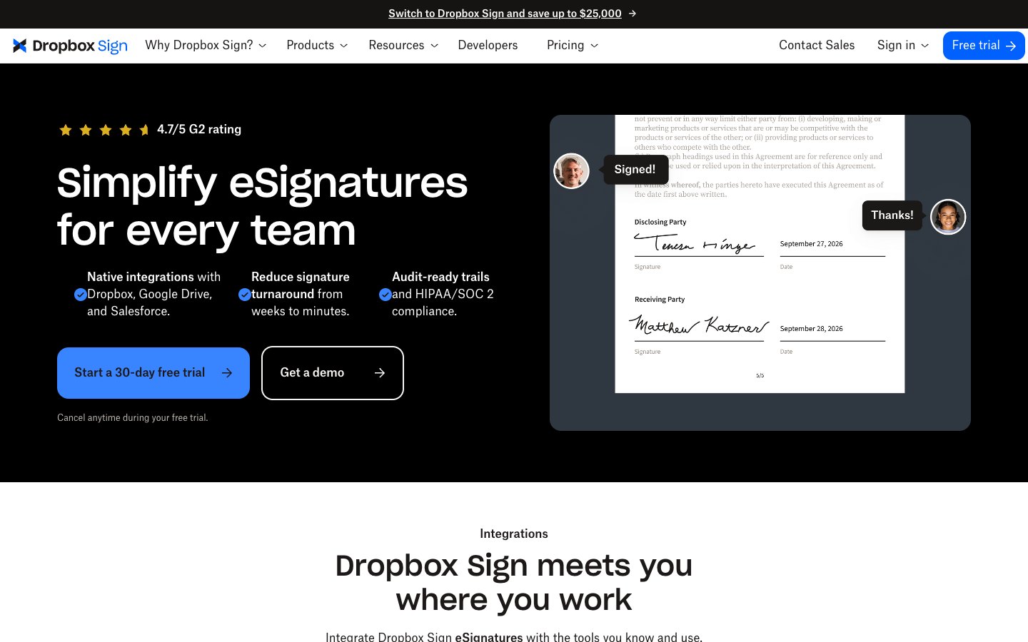 Dropbox Sign homepage, the product formerly sold as HelloSign