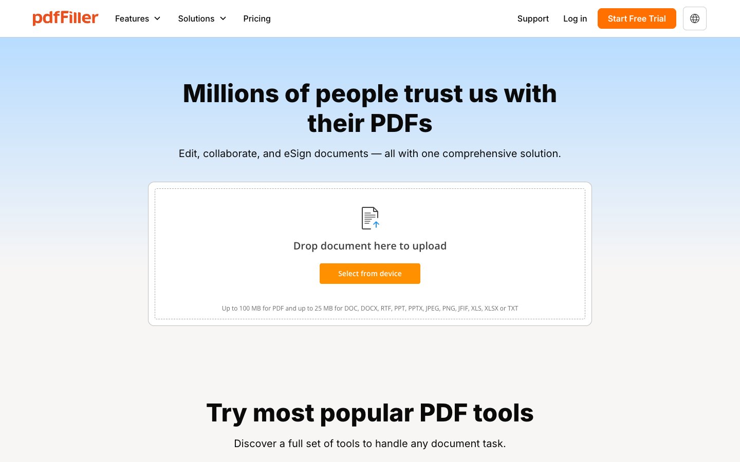 pdfFiller homepage showing its PDF editing and document signing tool