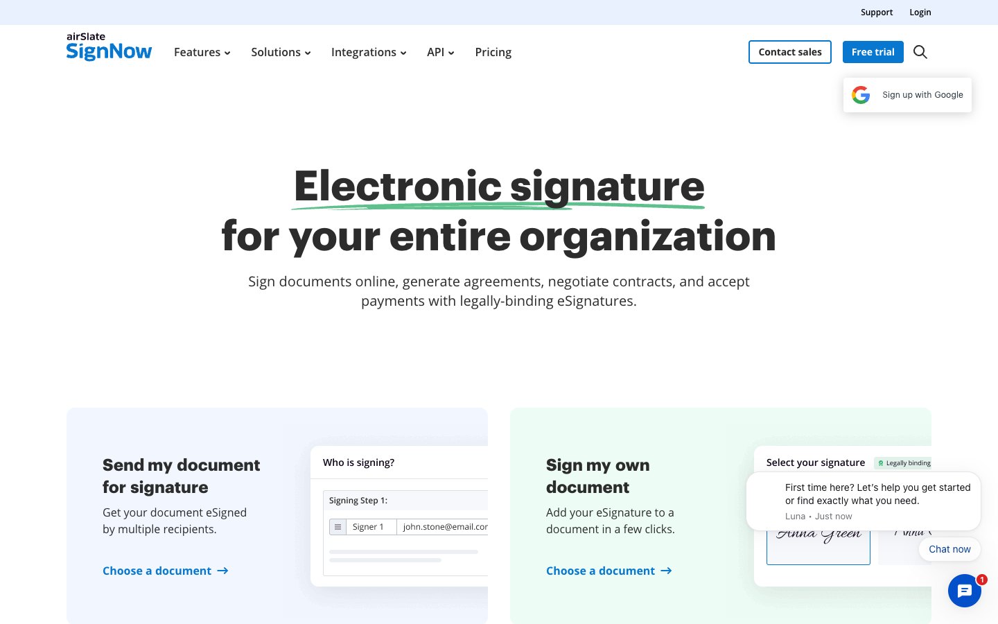 airSlate SignNow homepage showing its eSignature application
