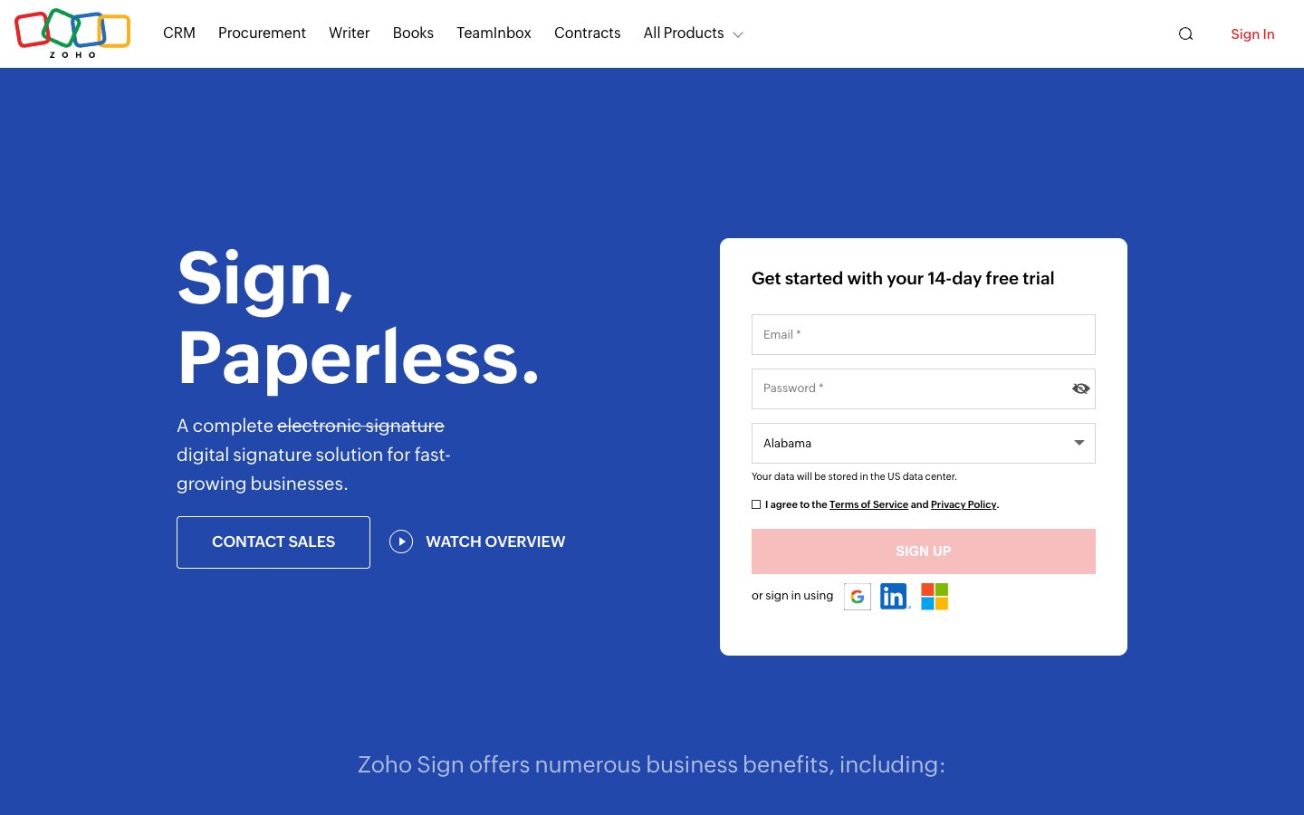 Zoho Sign homepage showing its digital signature application