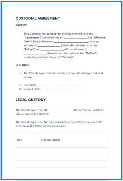 Shared custody agreement new arrivals