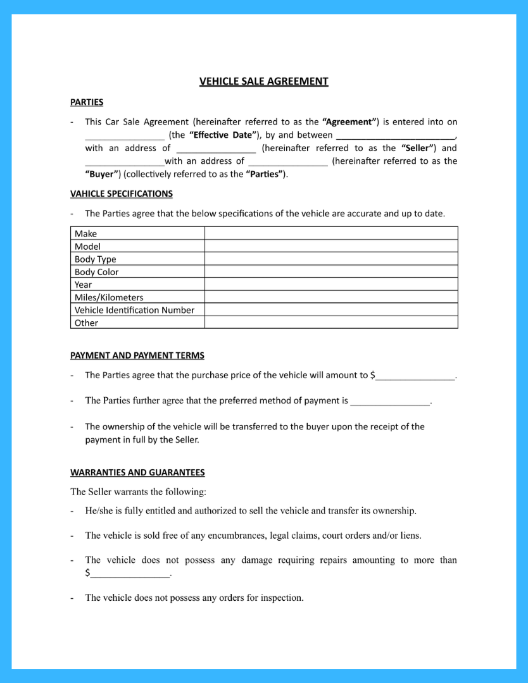 agreement of sale template for a vehicle