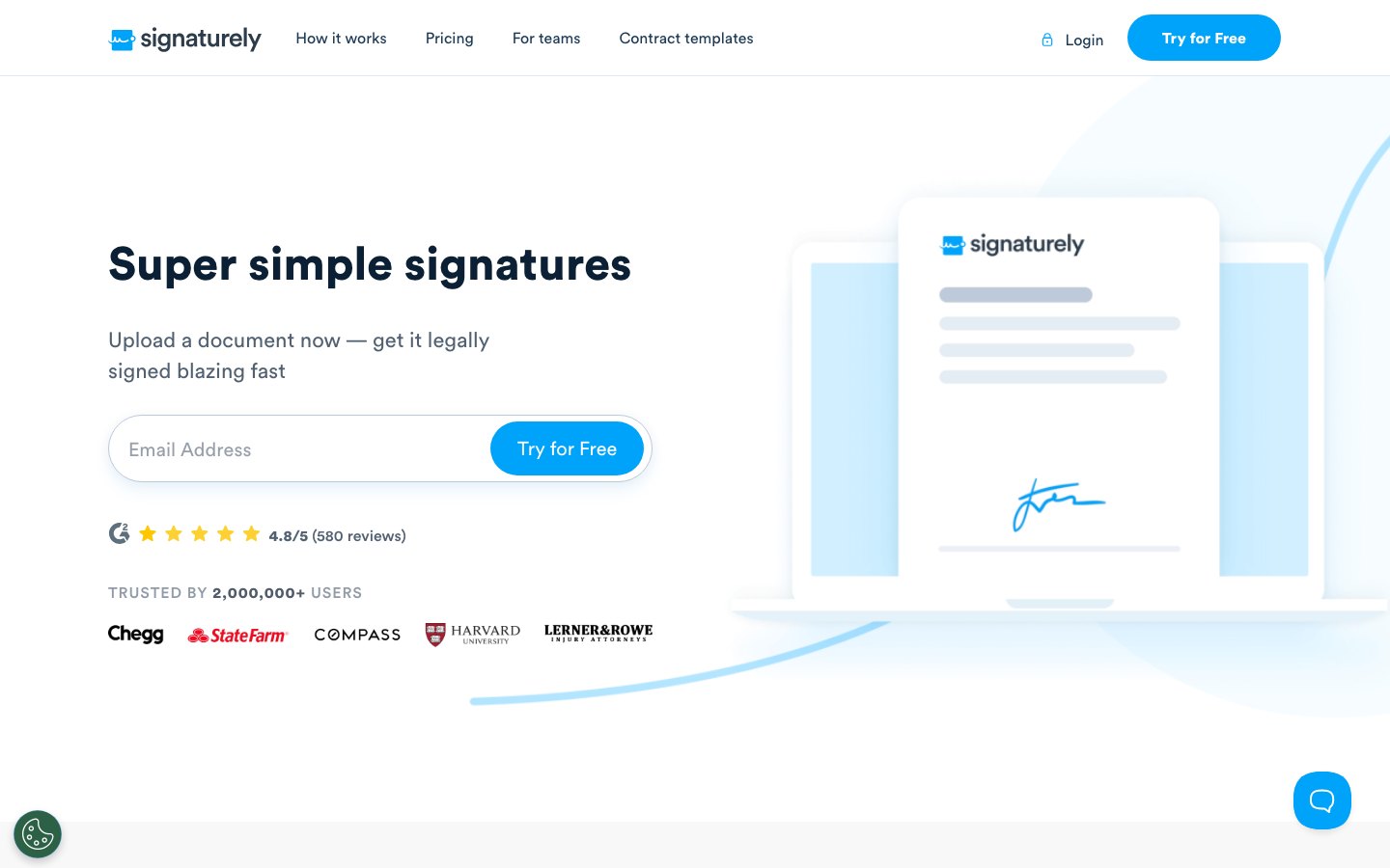 Signaturely homepage showing its tool for collecting electronic signatures