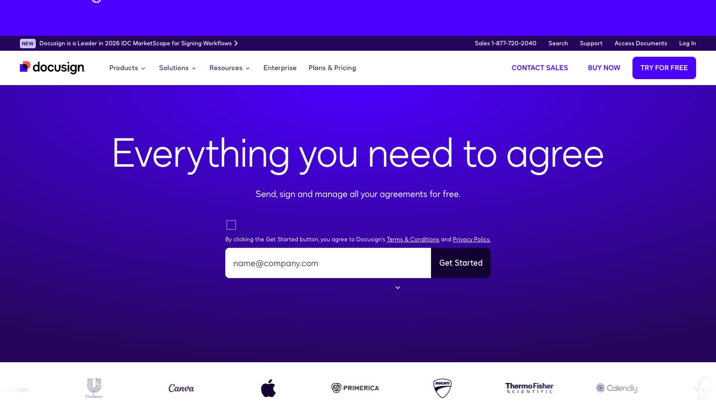 DocuSign homepage with its electronic signature product pitch