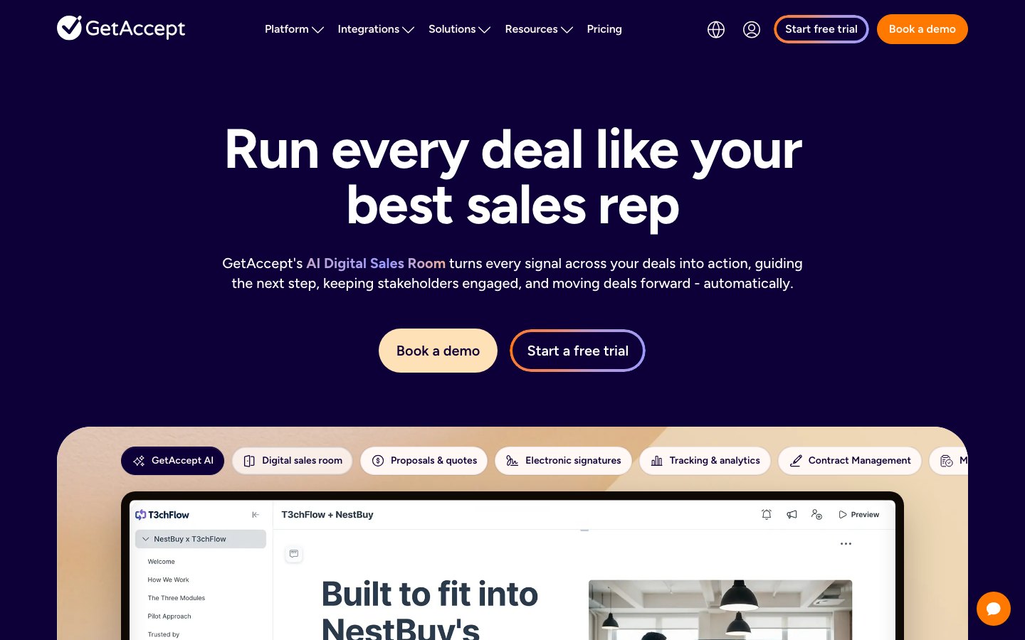 GetAccept homepage showing its sales document and e-signature platform