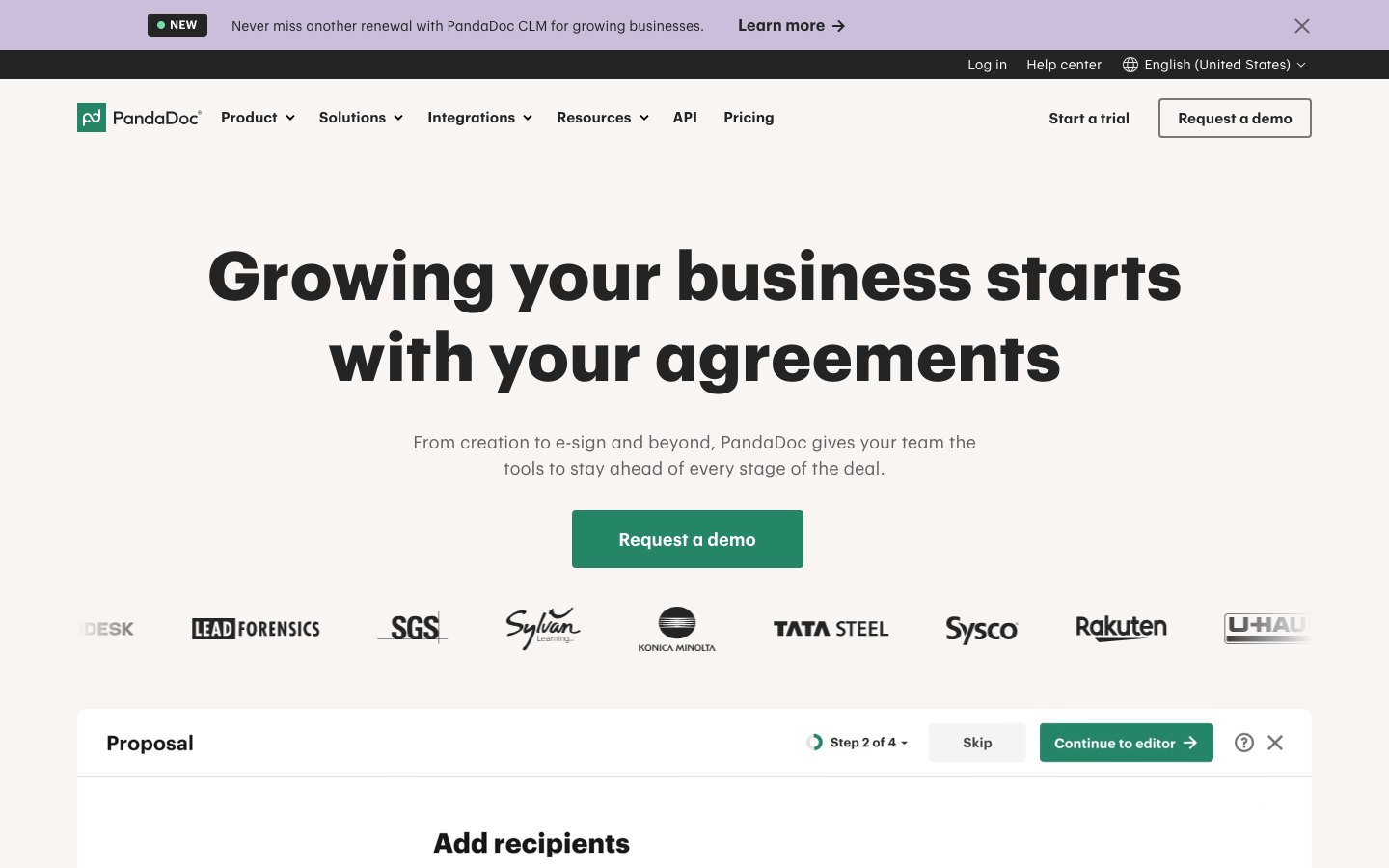 PandaDoc homepage showing its document and e-signature platform